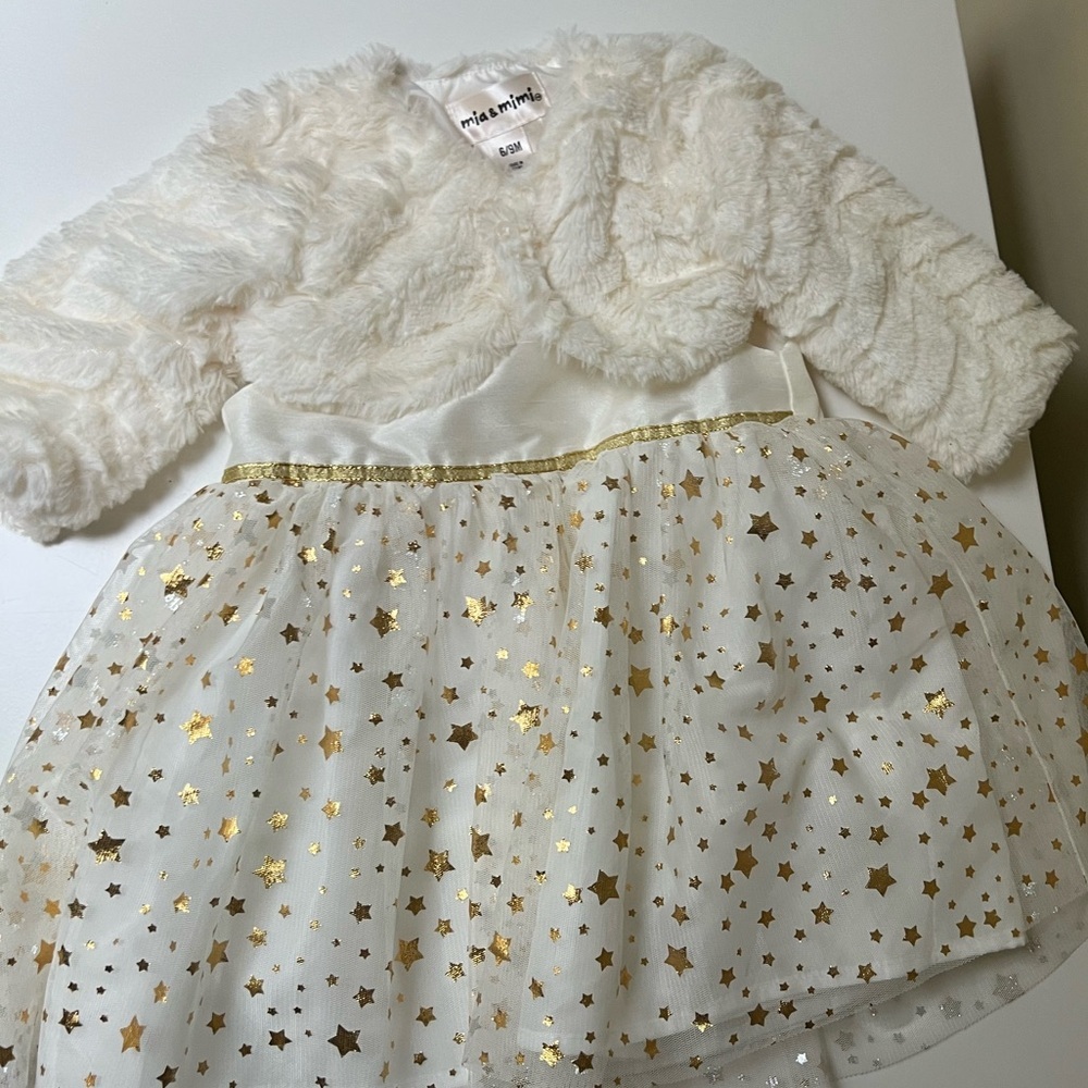 White and Gold Star Dress with Faux Fur Shrug